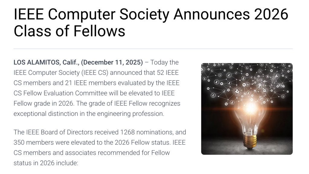 IEEE CS announces 2026 Class of Fellows; image shows a glowing light bulb with network nodes.