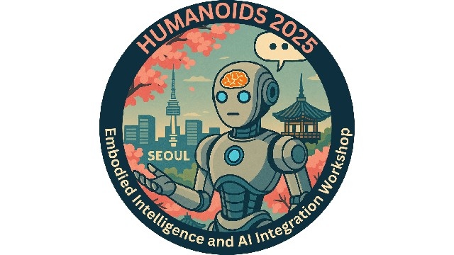 Workshop Logo: Humanoid robot in front of the painted skyline of Seoul, with a brain and speech bubble icon